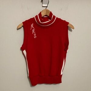 Varsity Vintage Red Sweater Vest, Sleeveless Mock Neck, Cheerleading Outfit